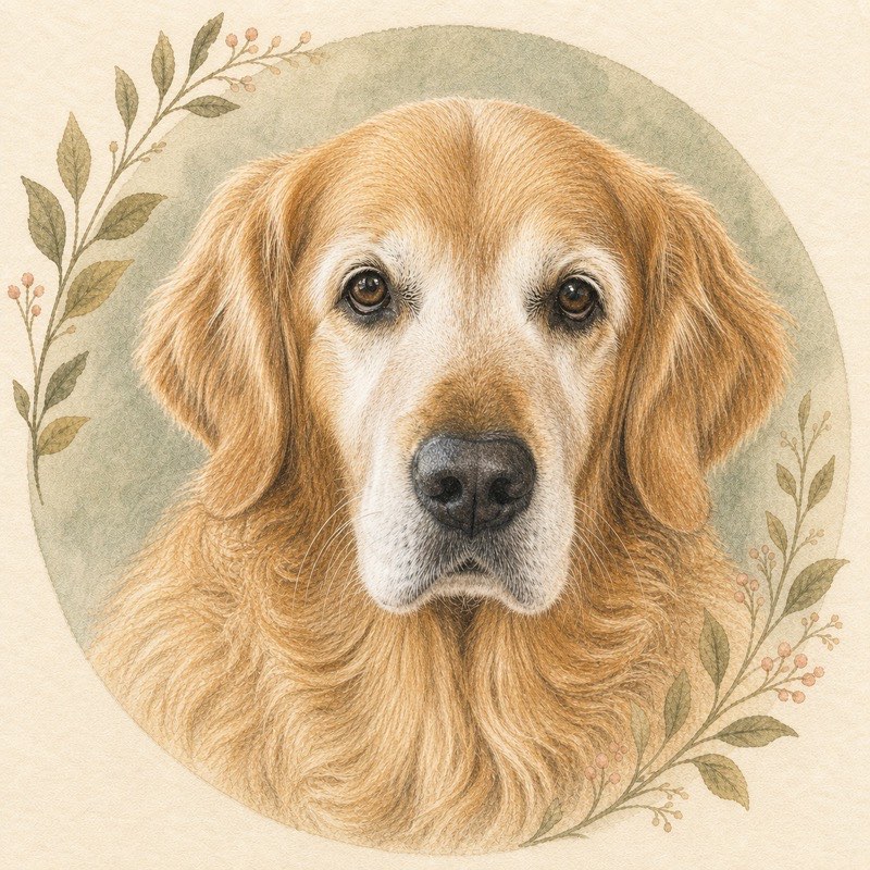 Colored-pencil memorial portrait of a senior golden retriever with a grey-white muzzle