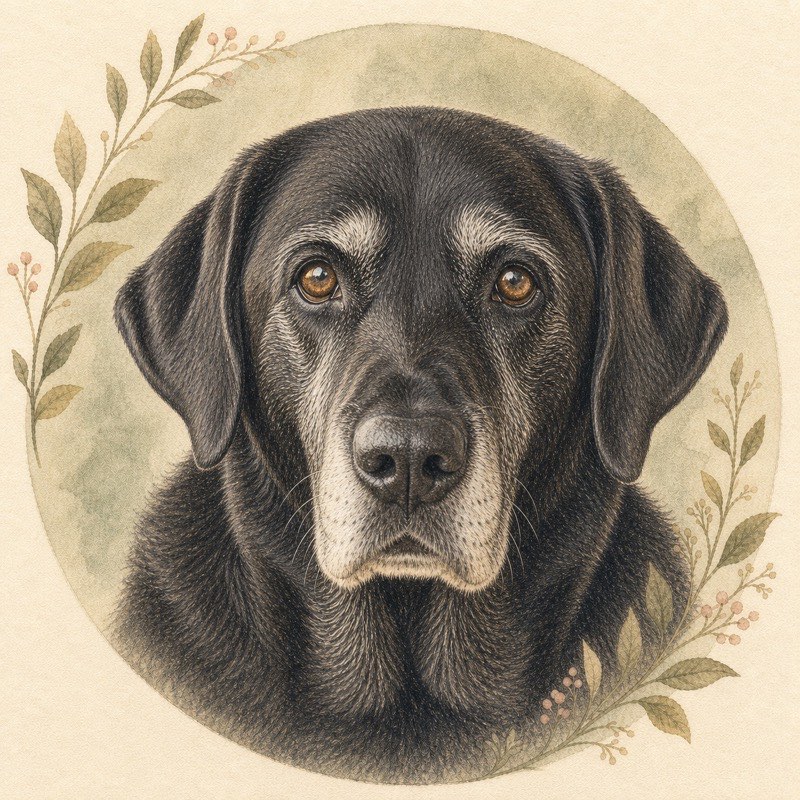 Colored-pencil memorial portrait of a senior black Labrador with a greying face